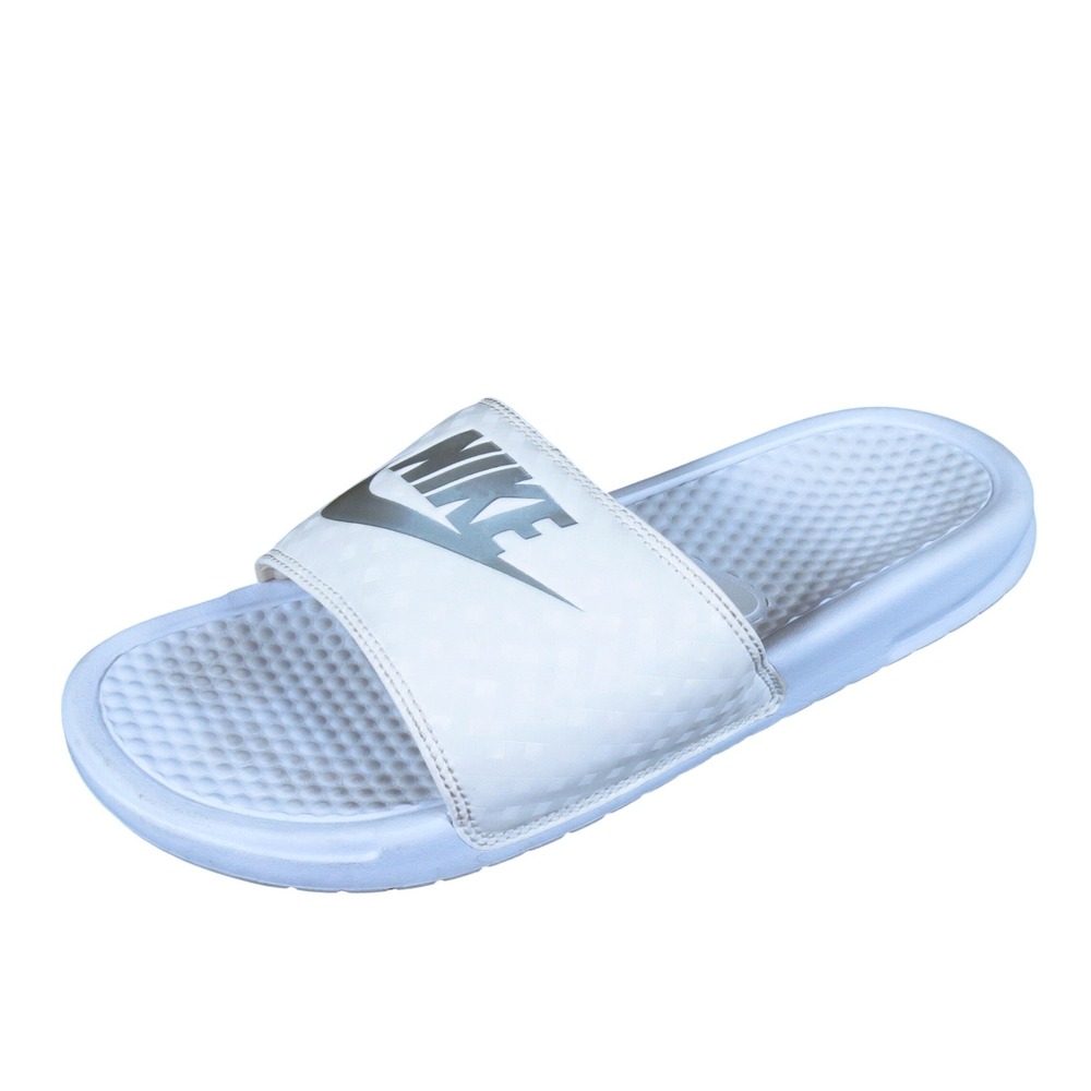 Nike Benassi JDI Women Shoe Slide Sz 10 Casual Beach Pool White Silver Synthetic
